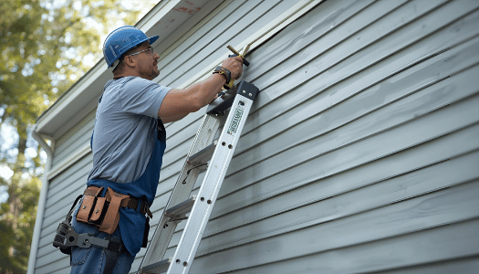 Siding contractor installing new siding on suburban house