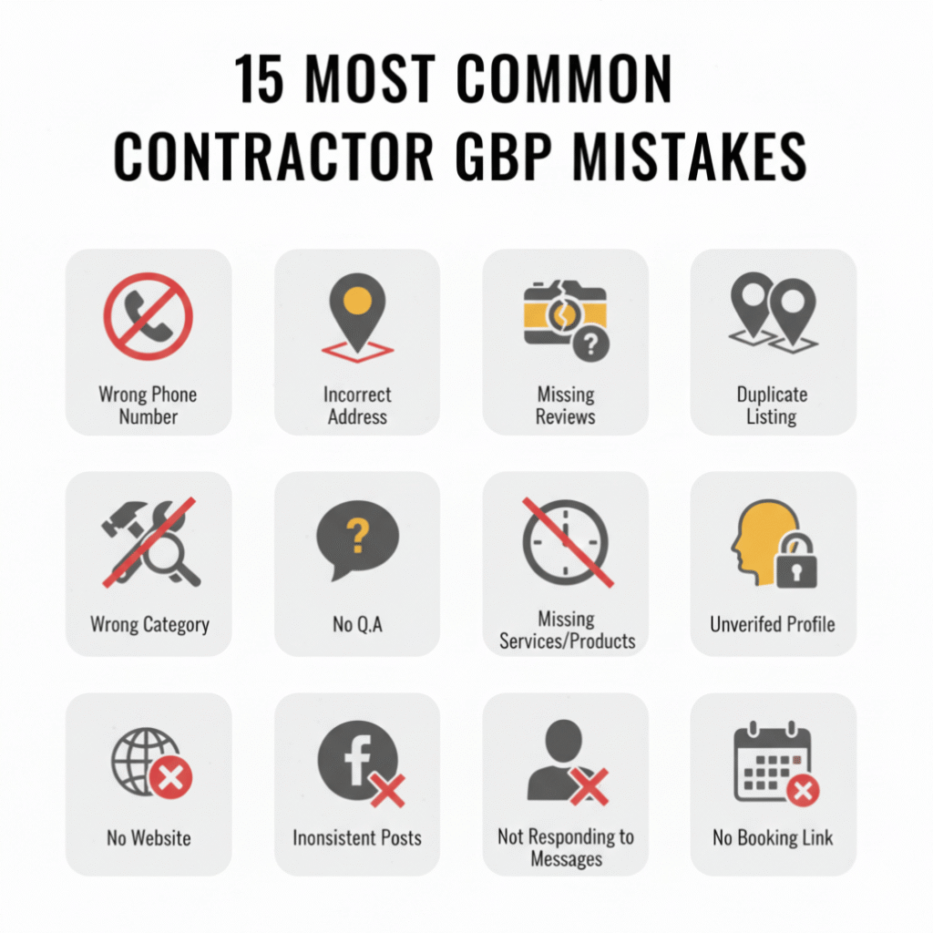Infographic showing icons representing 15 common Google Business Profile mistakes for contractors, including unverified profile, missing photos, wrong category, and ignored reviews