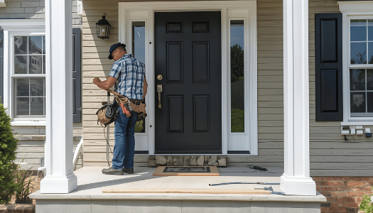 Door installer fitting modern front entry door