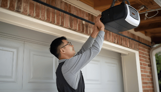Garage door technician repairing residential garage door