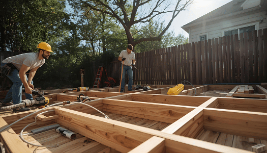 Deck builder constructing modern wooden backyard deck