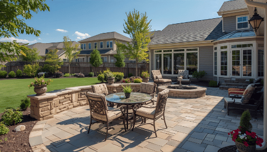 Patio builder installing custom stone patio in backyard