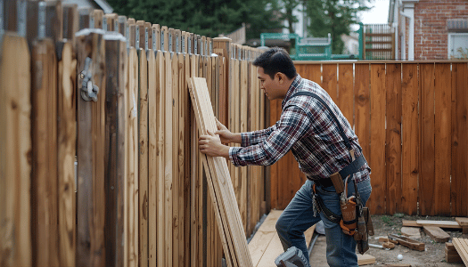 Fence contractor installing wooden privacy fence