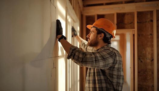 Drywall contractor installing sheets in new home interior