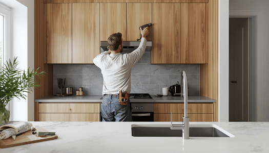 Cabinet installer fitting modern kitchen cabinets