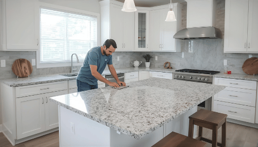 Countertop installer placing granite countertop in kitchen