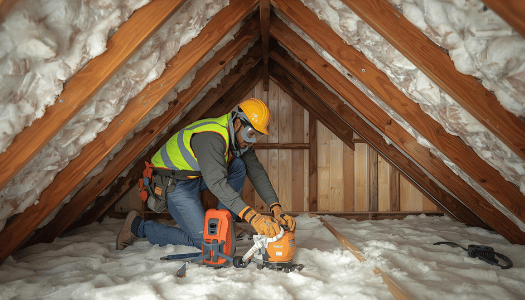 Insulation contractor installing fiberglass insulation
