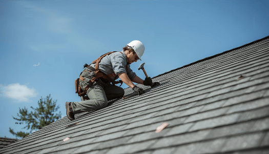 Roofing contractor repairing shingles on residential home