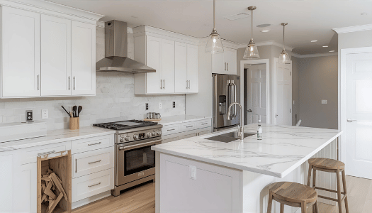 Kitchen remodeler installing modern cabinets and counters
