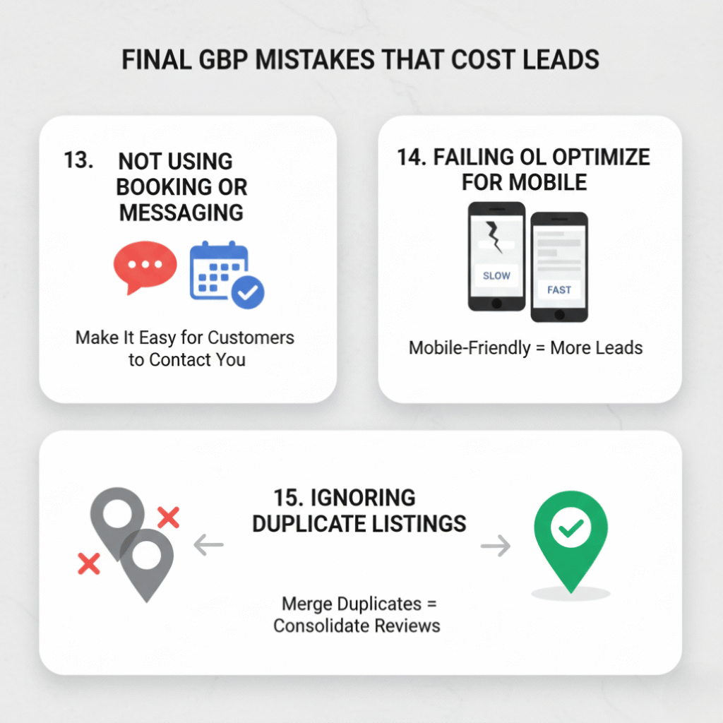 Infographic showing 3 Google Business Profile mistakes: not using booking or messaging, poor mobile optimization, and duplicate listings.