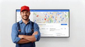 Illustration of a contractor looking at a Google Business Profile with mistakes like missing photos, wrong info, and unverified status, highlighting common GBP errors
