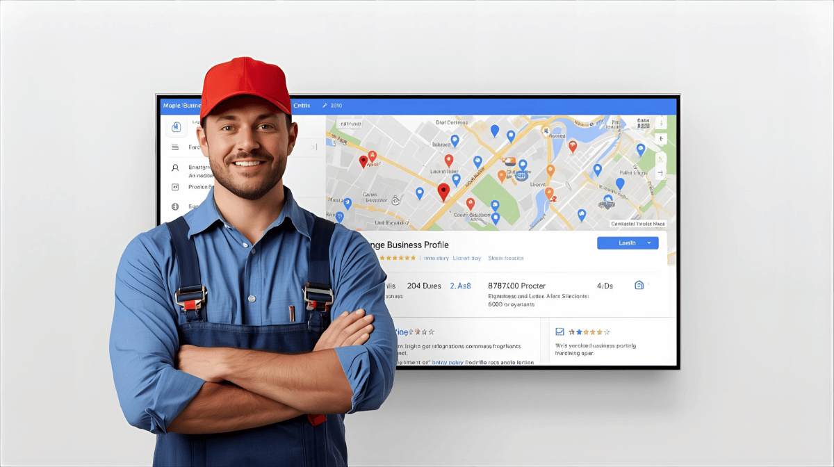 Illustration of a contractor looking at a Google Business Profile with mistakes like missing photos, wrong info, and unverified status, highlighting common GBP errors