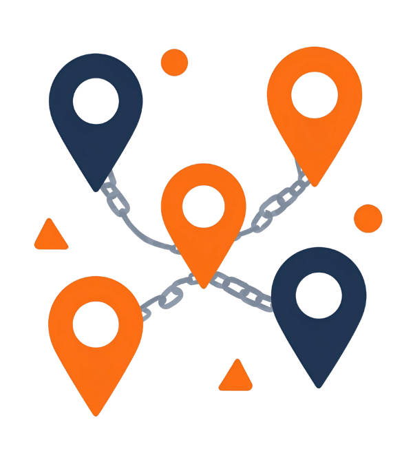 Illustration of connected directory icons and map pins for citation building