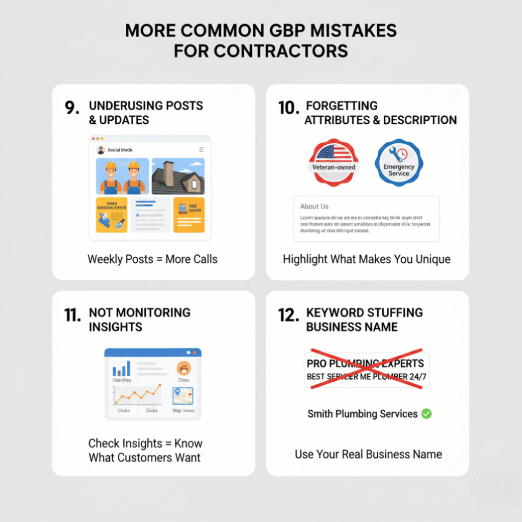 Infographic illustrating 4 Google Business Profile mistakes: not posting updates, missing attributes and descriptions, ignoring insights, and keyword stuffing business name.