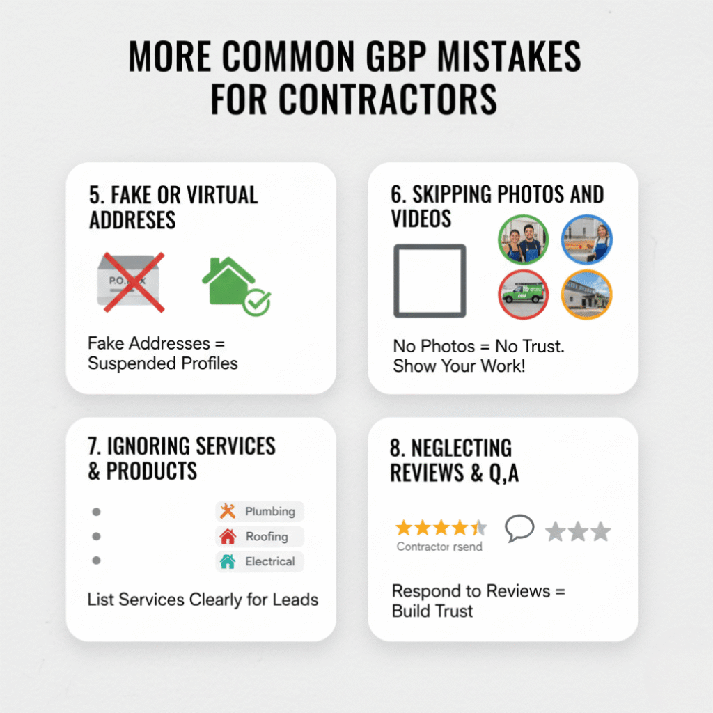 Vector infographic showing 4 Google Business Profile mistakes: fake addresses, missing photos and videos, blank service lists, and ignored reviews and Q&A.