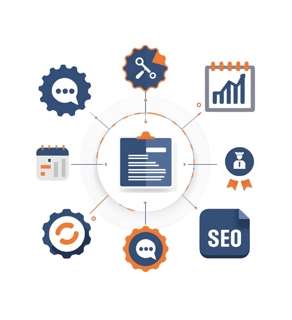 Illustration of chain links and outreach icons symbolizing backlinks and authority building