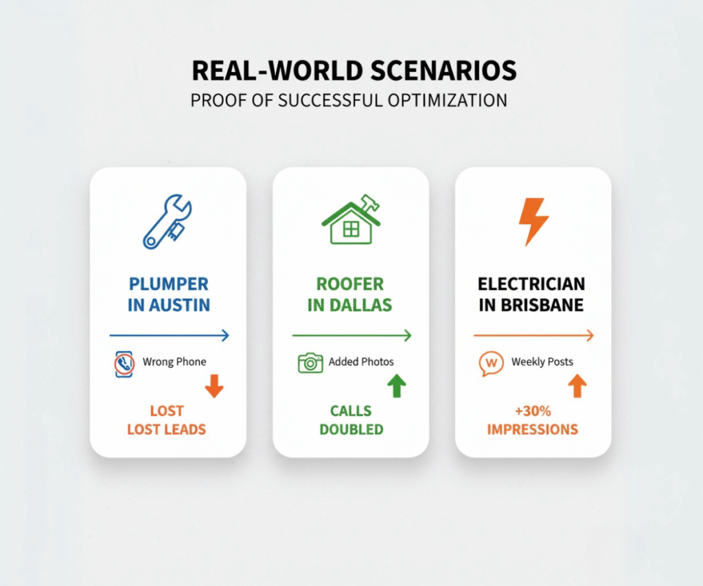 Illustration showing three contractor case study cards: plumber lost leads, roofer doubled calls, and electrician increased impressions, highlighting GBP impact.