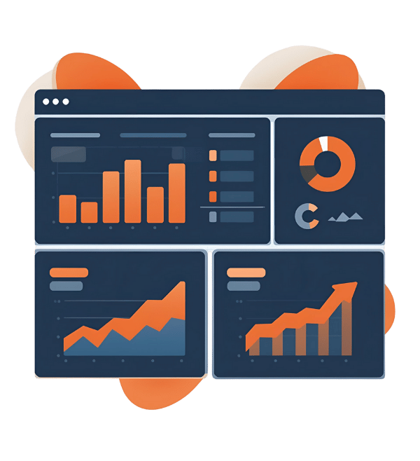 Illustration of SEO dashboard with charts and analytics icons in brand colors