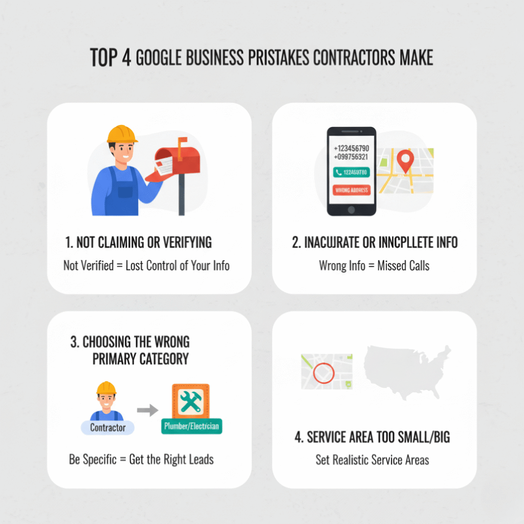 Infographic showing 4 common Google Business Profile mistakes for contractors: not verified profile, inaccurate business info, wrong primary category, and unrealistic service area.