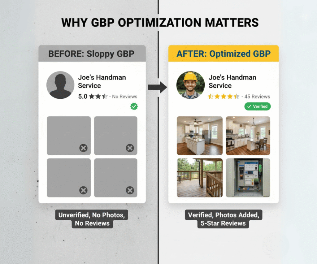 Illustration showing a contractor standing in front of a Google Business Profile with map pins, verified badge, and 5-star reviews highlighting the importance of GBP optimization.