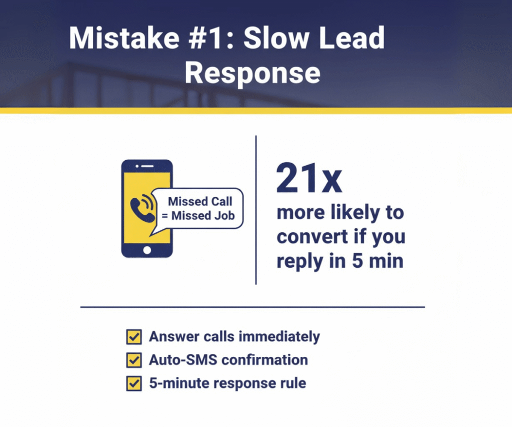 Infographic showing stat “Respond in 5 minutes = 21× more likely to convert” with checklist for contractors.