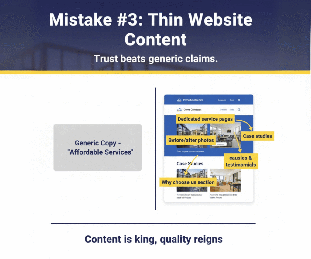 Split screen showing generic contractor website vs optimized service page with photos, testimonials, and CTAs.