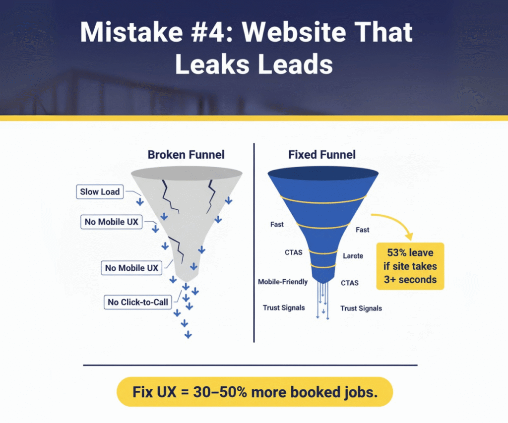 Funnel graphic showing leads leaking from slow websites vs optimized funnel capturing more jobs.
