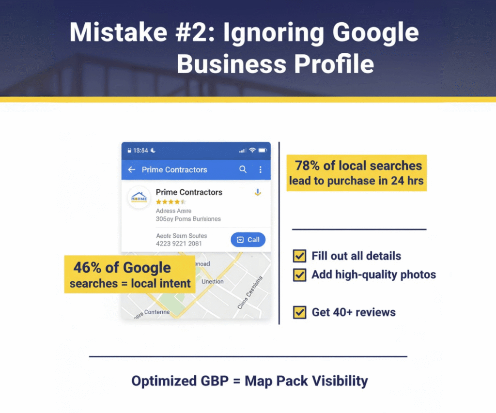 Infographic of Google Map Pack with text overlays “46% local searches” and “78% lead to purchase.”